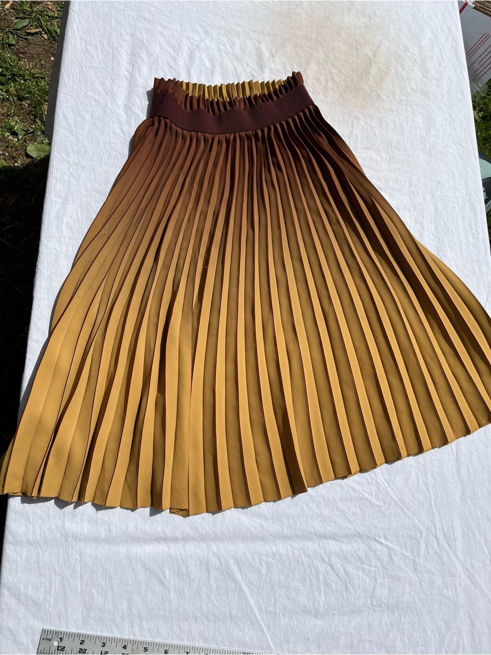 Pleated A-Line Midi Skirt in Mustard and Brown